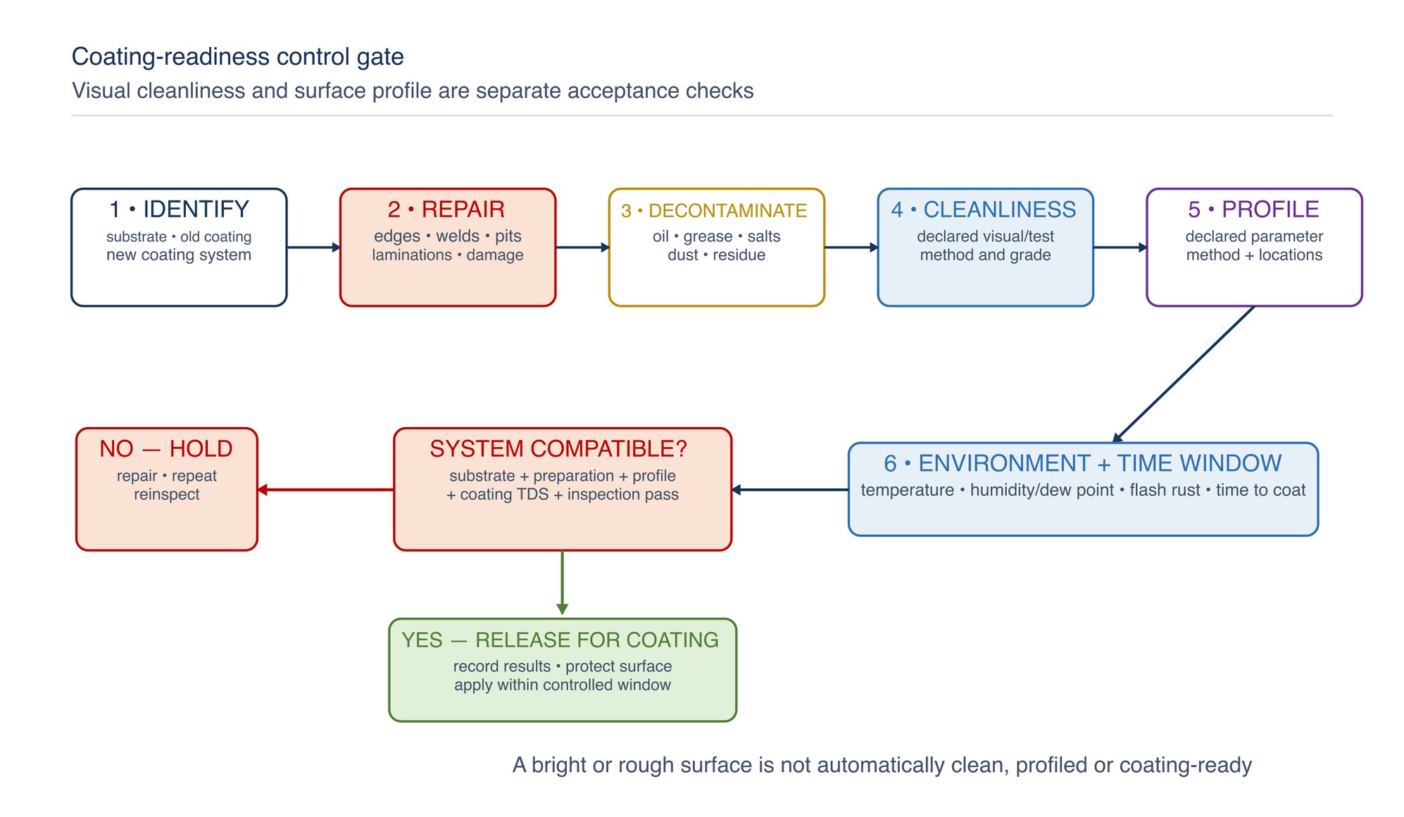 Coating-readiness control gate. Substrate identity, defects, contamination, visual cleanliness, profile and coating compatibility are separate release checks.