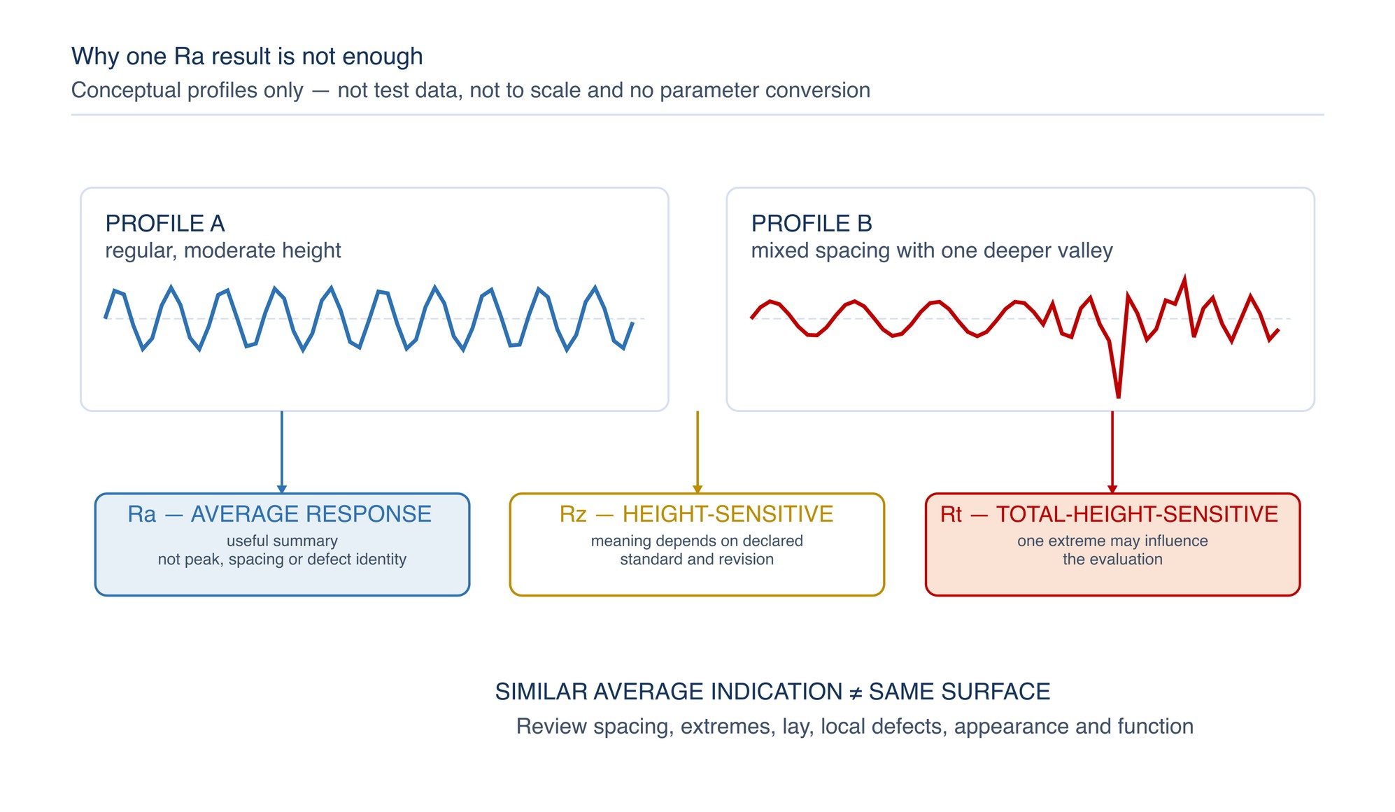 Why one Ra result is not enough. Conceptual profiles with similar average-height indication can have different extremes and spacing; the profiles are not test data and are not to scale.