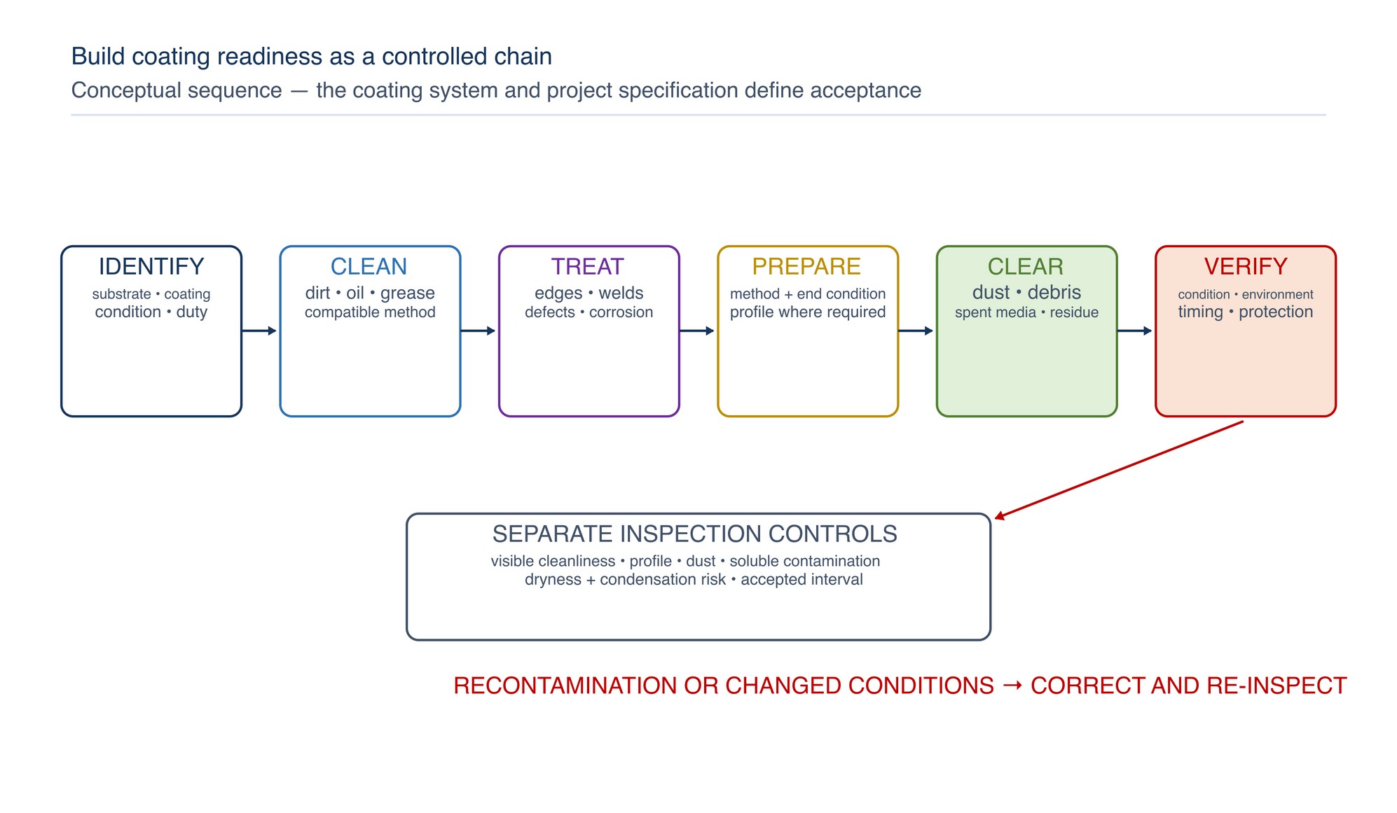 Coating-readiness control chain. Each stage protects the next; a visually bright surface is not automatically a coating-ready surface.