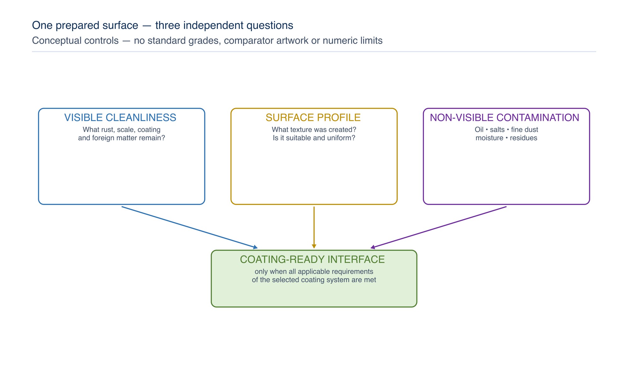 Cleanliness, profile and contamination controls. Coating readiness requires three independent questions to be answered: what remains visible, what texture was created, and what non-visible contamination remains.