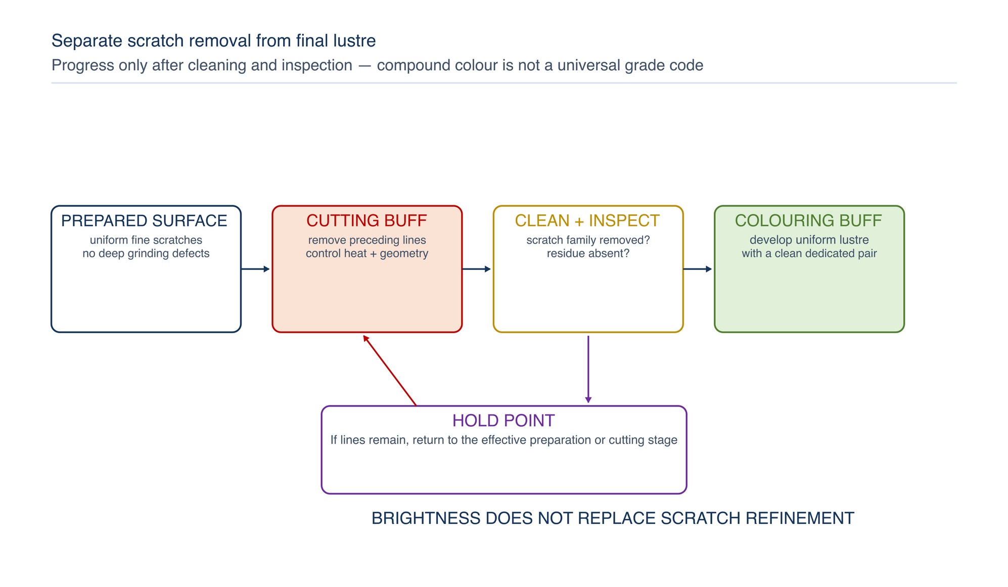 Cut-to-colour progression. A prepared surface enters cutting buffing, is cleaned and inspected at a hold point, then moves to colouring only when the preceding scratch family has been removed.