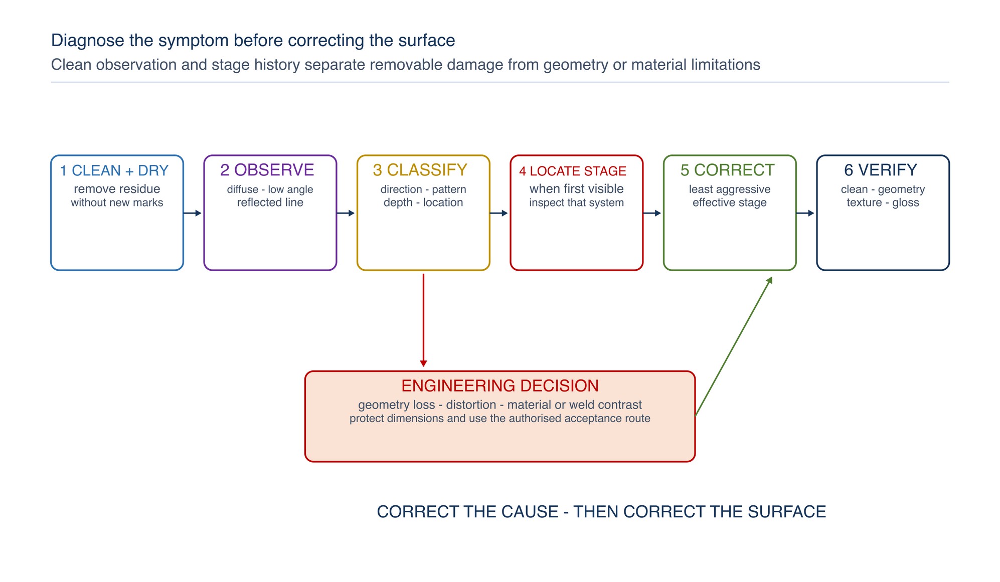 Diagnostic control chain. A polishing defect is cleaned, observed under complementary views, classified, located by depth and stage, corrected at the effective stage and independently verified. Geometry or material limitations move to an engineering decision rather than further polishing.