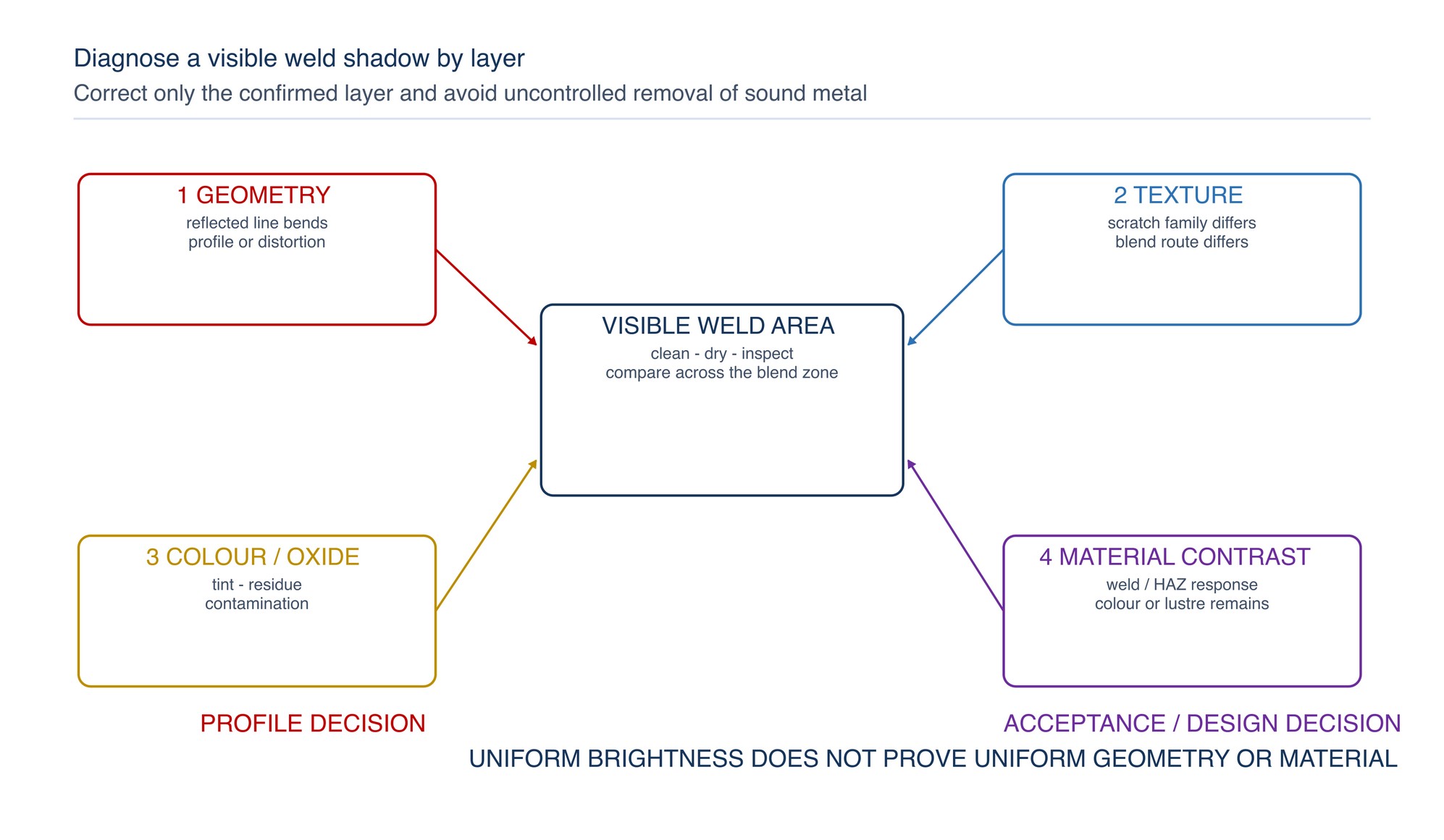 Weld-shadow layer diagnosis. Reflected geometry, scratch texture, colour or oxide and weld-material contrast are checked separately. Only the applicable layer is corrected; inherent contrast is not chased by uncontrolled grinding.