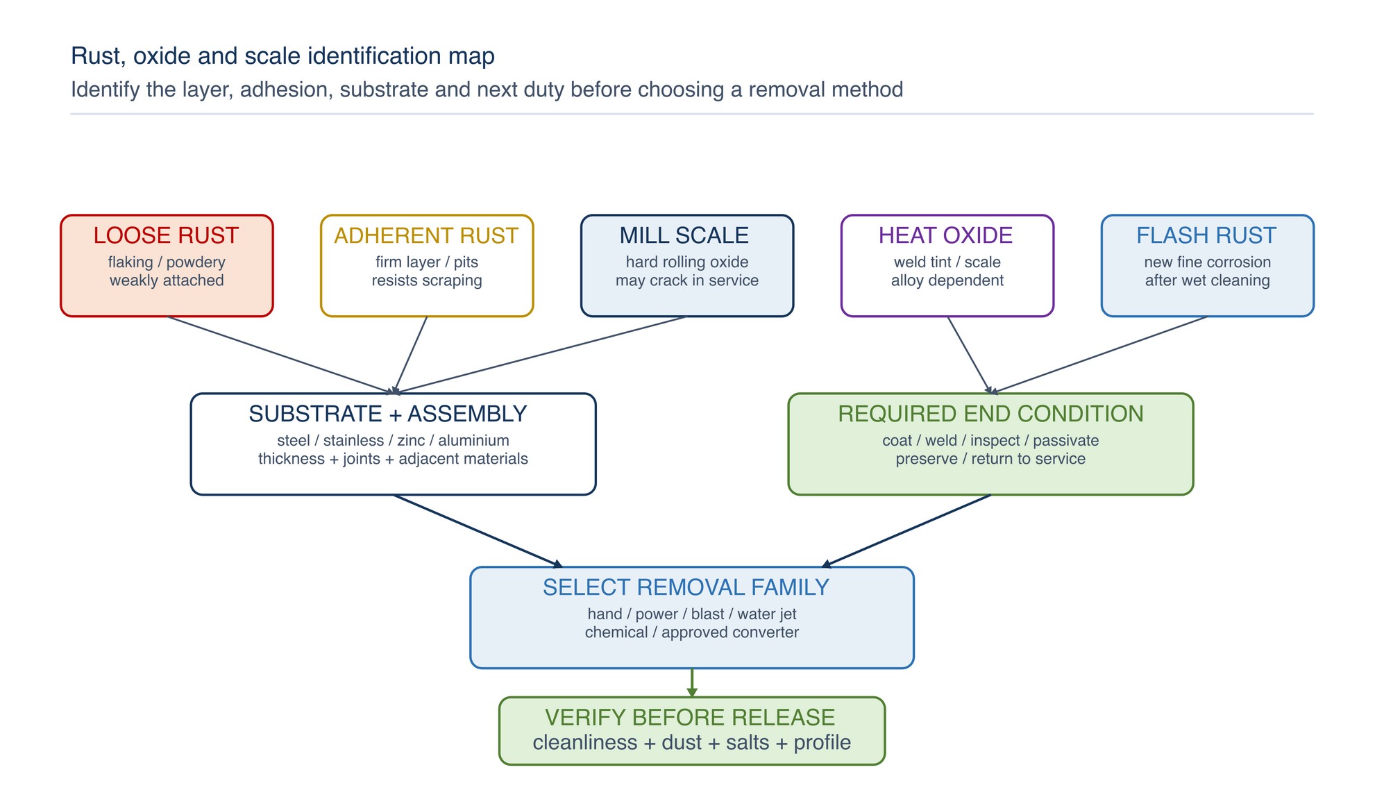 Rust, oxide and scale identification map. The visible layer, adhesion, substrate and downstream duty are identified before a removal family is selected.