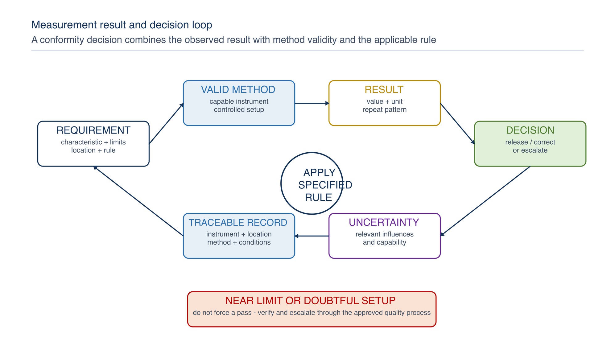 Measurement result and decision loop. The measured value is combined with method validity, uncertainty information and the applicable decision rule before release, correction or escalation.
