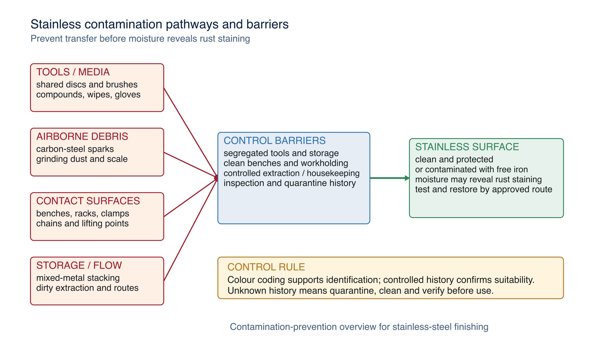 Contamination-prevention map. Multiple contamination pathways can converge on the same surface, so segregation, handling and cleaning controls must operate as a system.