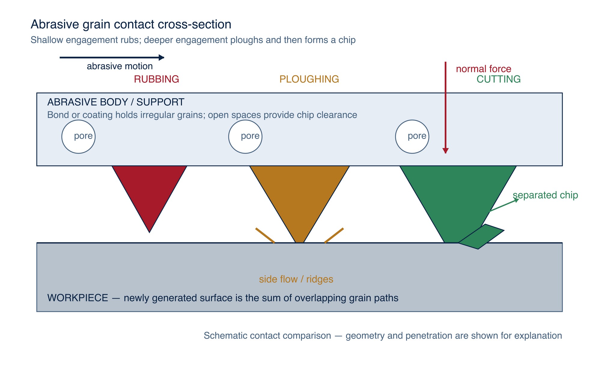 Abrasive contact modes. The schematic compares rubbing, ploughing and chip-forming contact as penetration and cutting efficiency change.