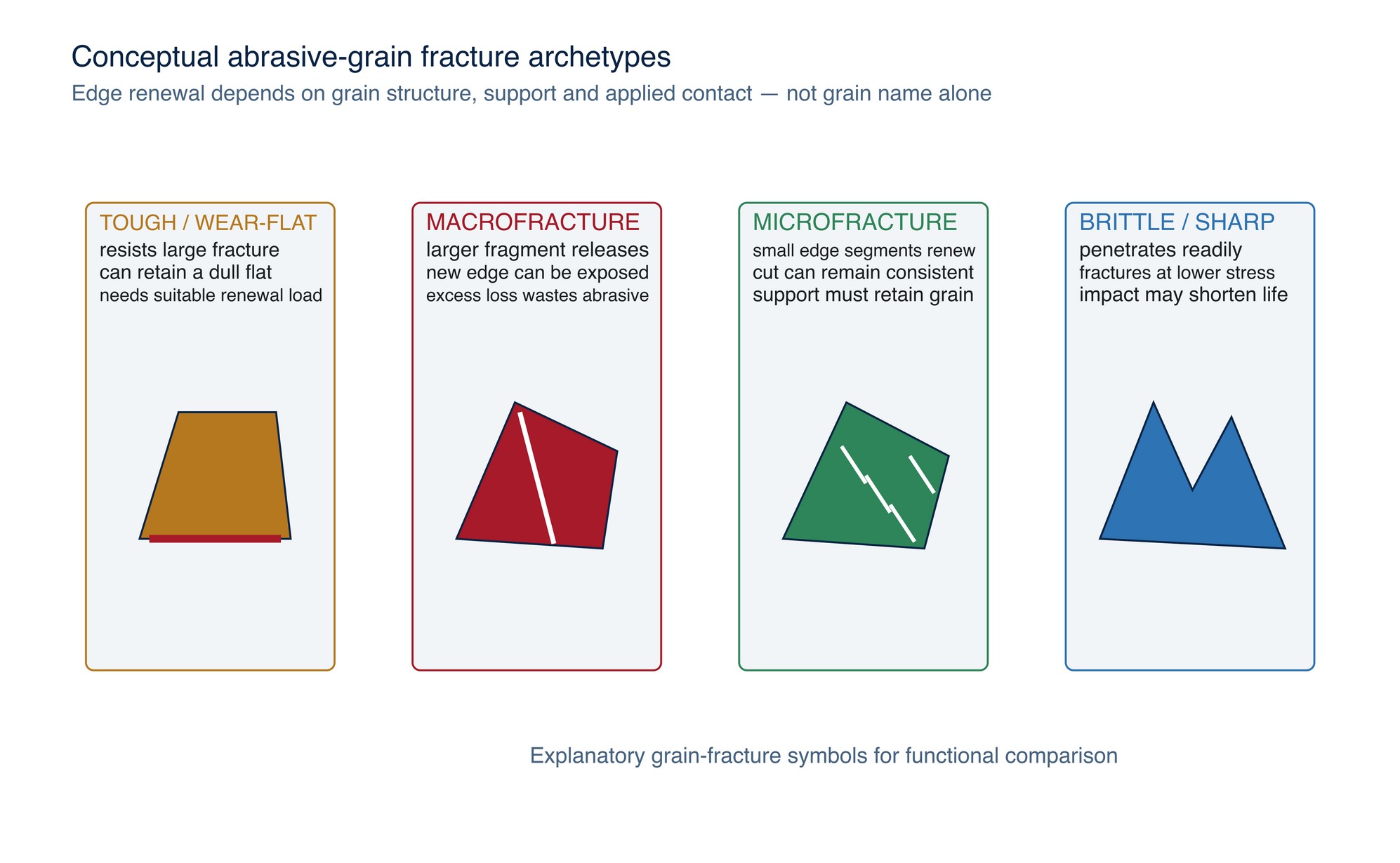 Abrasive-grain fracture archetypes. The explanatory symbols compare edge-renewal behaviour without ranking suppliers.