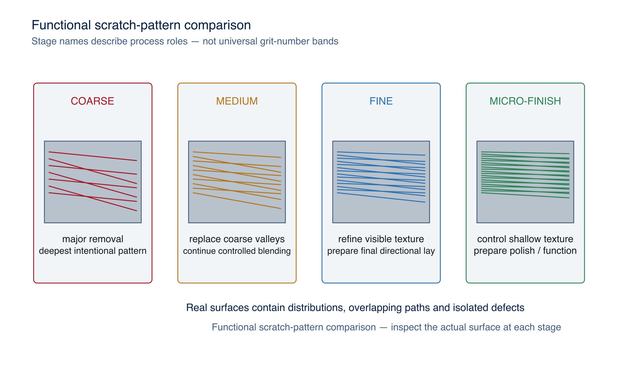 Functional scratch-pattern comparison. Compare pattern uniformity, retained deep lines and current-stage scratches under consistent inspection conditions.